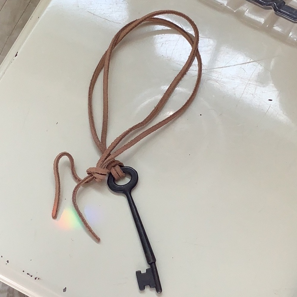 Vintage Antique Skeleton Key Leather Necklace Charm